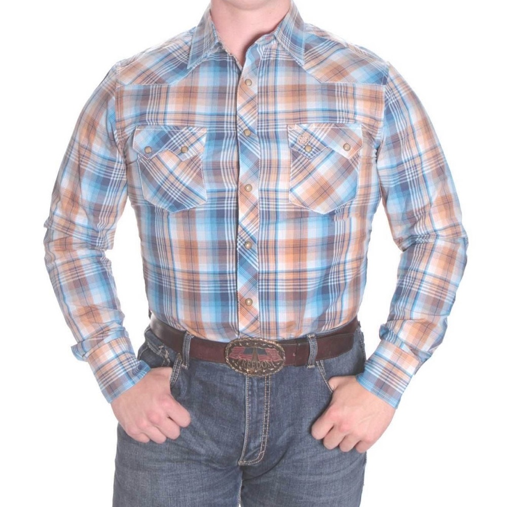 New with tags!! Wrangler Mens Retro Blue Tan Plaid Snap Shirt
